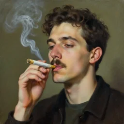 a surreal painting of a young man with a handlebar mustache smoking a joint