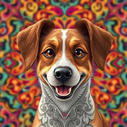 outstanding illustration, cute floppy ears caramel mongrel dog smiling, intricate artwork by tooth wu and wlop and beeple, greg rutkowski, beautiful, very coherent symmetrical artwork, cinematic, colorful background, high detail, portrait, octane render, unreal engine, 8 k, vibrant colors, smooth gradients, high contrast, depth of field