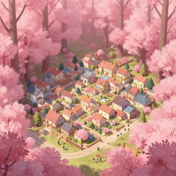 a town inside a forest, pink leaves, people, artstation, jakub rozalski