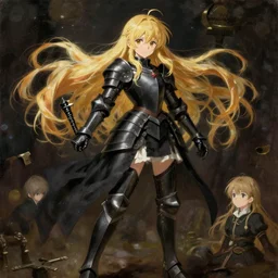baroque oil painting of japanese light novel insert illustration lotr anime key visual full body action shot of young girl black military crusader armoured maid with long flowing blonde hair | gapmoe kuudere moody lighting stunning bokeh highlights sharp contrast | trending pixiv fanbox | by greg rutkowski makoto shinkai takashi takeuchi studio ghibli