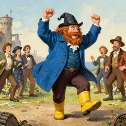 jolly big Tom Bombadil bearded man with hat dancing in his big blue coat yellow boots by Mark Brooks, Donato Giancola, Victor Nizovtsev, Scarlett Hooft, Graafland, Chris Moore