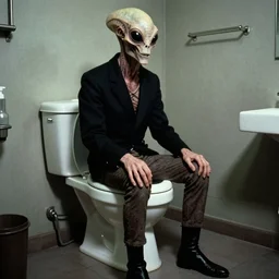 HP Lovecraft H.R. Giger alien sitting on the toilet. Color photograph from 1990’s color sci-fi film.