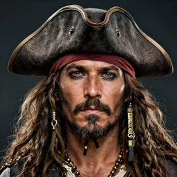 close - up portrait of a pirate in a pirate hat, tanned, with a gray beard, ilustration