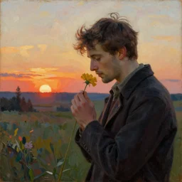 attractive man smelling a flower, sunset, painting by carl larsson, vladimir volegov, j. c. leyendecker, tom of finland, trending on artstation