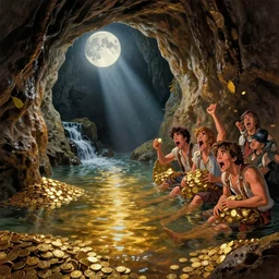inside the wishing well cavern, piles of gold coins, shallow water, gold refr a cations off water, moonlight beam from opening of well illuminates cavern, the goonies fill their pockets with gold coins, cory feldman is holding coins and yelling at the moon, reflective clean water on cavefloor, slick wet walls, leaves cave, small flowing stream from wall, the goonies are tired and celebrating, excitement, gold dappled lighting, movie poster painting