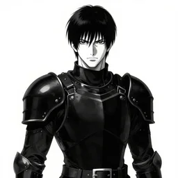a portrait of a man with black hair, black suit armor, black and white, by yoshitaka amano