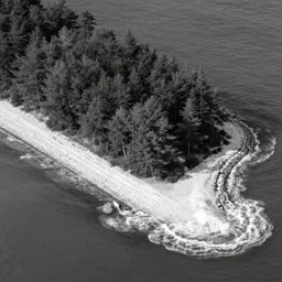 monochromatic photograph of a forest, isometric, waves breaking, black sea, white breakwater, multiple exposure, by chris friel