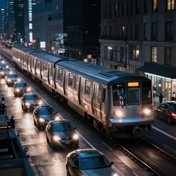 futuristic train drives over busy street full of cars in nyc at night, still photo, cinematic lighting