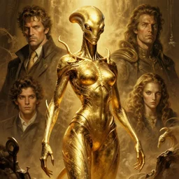 exquisite imaginative alien creature poster art, humanoid, gold, movie art, by lucusfilm, weta studio, tom bagshaw, james jean, frank frazetta, 8 k, denoised