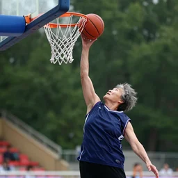 old lady dunking basketball, slam dunk, realistic