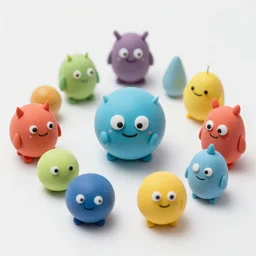 cute spherical monsters representing fundamental particles, made of FIMO, by John Chamberlain