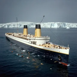 rare photograph of the titanic sinking into the water, half submerged, disaster, disappearing into the sea, people swimming away, panick, glaciers in the background, edwardian photo, historic, debris in the water, shot from afar, very grainy, blurry, damaged, dramatic, tragic, night - time, 1 9 0 0, 1 9 1 0 s