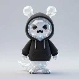 a photo of a cartoon worm mascot made out of glowing white crystals wearing a black hoodie with a scary face