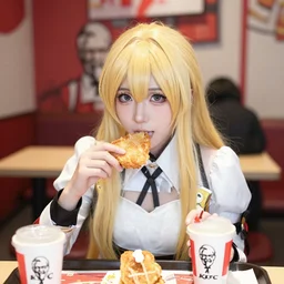 portrait photo still of real life lucina!!!! from fire emblem eating kfc in a kfc!!, 8 k, 8 5 mm f 1. 8