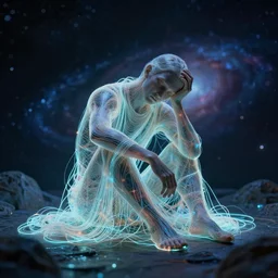 an exhausted deity, contemplating existence, beyond the known universe, fine art, bokeh, omnidimensional, ocd, electroluminescent wire by tex avery