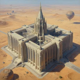 bird eye view of a giant immense squared crematorium gothic architecture advanced technology scifi architectural structure desert planet, tim hildebrandt, wayne barlowe, bruce pennington, donato giancola, trending on artstation, cinematic composition, beautiful lighting, hyper detailed, 8 k, oil on canvas