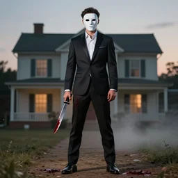 man in strict suit with white mask, an indifferent face, house on background, bloody knife in right hand, blood on body, full body, little fog, evening, extremely detailed, sharp focus, professional photographer, professional model