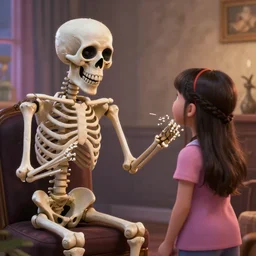 a friendly skeleton entertaining a girl
