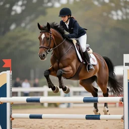 ground level shot of a rider on a hybrid ( my little pony ) horse jumping a hurdle, a horse jumping a over a hurdle, a horse that's ( my little pony ), professional, high quality, realistic, dramatic lighting, dof, bokeh, action