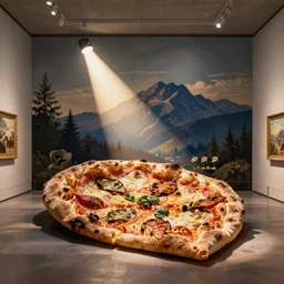 A piece of holy pizza, painting in a museum