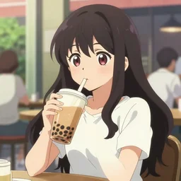 anime film visual of a young woman drinking boba tea in a outdoor cafe, cute face, detailed eyes, pixiv gelbooru danbooru, dynamic pose, anime poster, cel shaded
