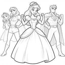 princess superhero fighting crime, disney, marvel, xmen, dc, cape superhero, tiara dress, in the coloring book style, black and white,