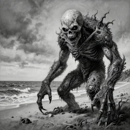 michal karcz grunge painting of the eerie view of the beach, monster and horror theme. monster theme, detailed, elegant, intricate, 4 k,