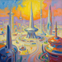 bright colourful oil painting of a futuristic civilisation by syd mead and chris foss