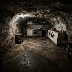 volumetric shadows, volumetric lighting, black goya painting of underground, basement, fisheye, curved perspective, naive, extra narrow, old kitchen, large floor, by rhads and gaudi