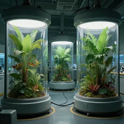 secret Military lab, tropic plants growing inside cryo chambers connected with cable, photo realistic, realistic, cinematic, establishing shot, extremly high detail, cinematic lighting, concept art, matte painting, denoise, eddie mendoza, alex ross