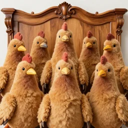 realistic photo portrait of the team, brown mustard cotton fluffy carnival costumes, pigeon head face portrait, wooden polished and fancy expensive wooden science laboratory hall interior with plants 1 9 9 0, life magazine reportage photo, david lynch, michelangelo antonioni, red desert, twin peaks
