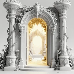 fantasyland through a magical doorway, ornate, intricate, detailed, nature, vines, golden light, 3 d render, highly stylized, black and white