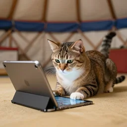 photo of cat playing ipad in a yurt