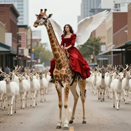 a ethereal angel like beautiful woman, gal gadot, in a red victorian era dress, rides a huge giraffe necked albino elk thru the deserted streets of downtown cleveland, a large herd of white tailed deer walk calmly thru the streets