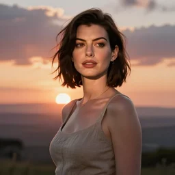 Anne Hathaway, semi realistic digital art, professional, cute, sunset