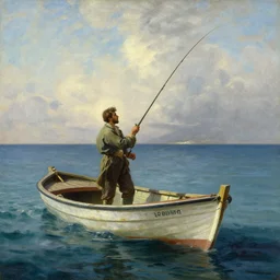 a highly detailed painting of a man fishing on a small boat in the ocean by Ivan Aivazovsky, 4k, HD