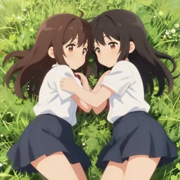two cute anime character lying in a grass bed huggig, realistic face, detailed face, detailed eyes, short miniskirt, lightly dressed, ultra detailed digital art, hyper real, detailed, ultra detailed, ground up angle, full body shot, wide angle