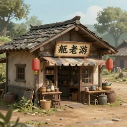 an concept art illustration, close up shot, a small asian hut store with a signage in the middle of a dirt road, style by dylan cole and feng zhu and wlop, unreal engine, trending in artstation, octane render, ultra sharp, 8 k