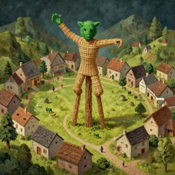 a folk horror town painting wicker man maypoles greenman isometric