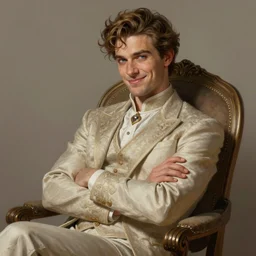 a noble man smirking with flirty eyes. relaxed in his chair with crossed arms. intricate, elegant, highly detailed, digital painting, artstation, concept art, sharp focus, illustration, by justin gerard and artgerm, 8 k