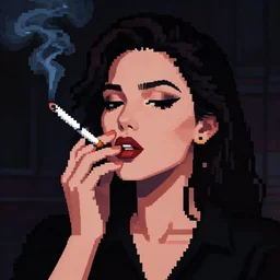 dark detailed 1 bit pixel art portrait of a woman smoking a cigarette