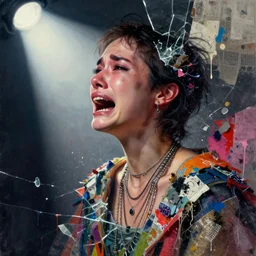 a person crying, side portrait, wearing seven necklaces, passionate, spotlight, dramatic, paint drips, textiles, collage, mixed media, paint splatter, scraps, vibrant colors, futuristic clothing, beautiful eyes, broken glass, digital painting by marco paludet, by jeremy mann, by hannah hoch