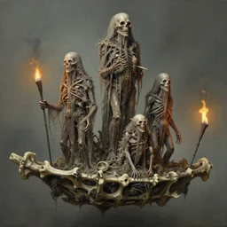 airbrush of 4 character, tiered flayed god machines, foating on primitive bone raft, by wayne d barlowe, h r giger, simon bisley & boris vallejo, enric torres, hyper realism, narrative light, muted colors, epic, hyper detailed, awe inspiring, award winning horror, torch lighting, hyper realism, cinematical