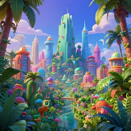 colorful jungle city, digital art, cosmic, 3 d high definition, trending on art station, photorealistic, high resolution, v 8 k, octane, hyper detailed, insane details, intricate, elite, ornate, elegant trend, highly detailed and intricate, sharp focus, photography, unreal engine