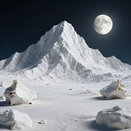 octane render uhd, filmic lighting, cinematic art shot, hyperrealistic, hyperdetailed, super detailed, 8 k, high resolution, sandy white moon landscape, white rocks made of bone, 8 k uhd matte painting, mega high white mountain, midnight