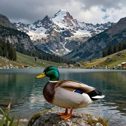 a vaporwave mallard duck on a mountain lake in the swiss alps by antoni gaudi. art by rolf armstrong, edward hopper, and eyvind earle.