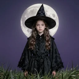 young witch in a black robe standing in the grass at the bottom with a full moon in the sky over her head at the top, detailed face, highly detailed, by greg rutkowski