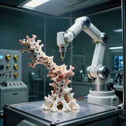 a complex thick bifurcated fractal robotic cnc surgical arm cybernetic symbiosis hybrid mri 3 d printer machine making some organic ceramic fractal forms in a glass living room laboratory room with control panels, gold knobs, camera lens orbs, dramatic 3 point lighting, film still from retro sci fi movie,