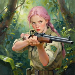 portrait of a beautiful girl in a dense jungle, hunting, focused, military clothes, pastel colors, beautiful face, rule of thirds, spotlight, drips of paint, expressive, passionate, by mandy jurgens, by vincent van gogh, digital painting