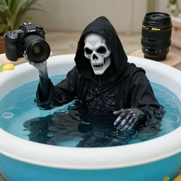 grim reaper inside a kiddie pool, very detailed, very realistic, photograph, photoshoot, 5 0 mm, canon, nikon, zeiss lens, editorial, perfect composition, perfect lighting, 4 k